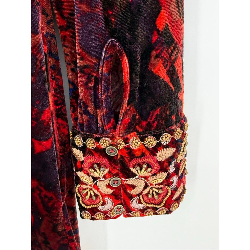 Soft Surroundings Santiago Velvet Maxi Dress Beaded Cuff Red Black Abstract L - Picture 6 of 8